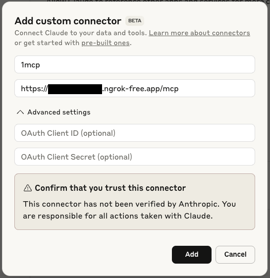 Step 1: Add custom connector dialog